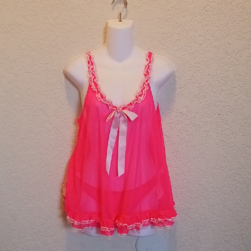 Victorias Secret Pink Sheer Babydoll Set with Bows And Lace Trim Size Medium